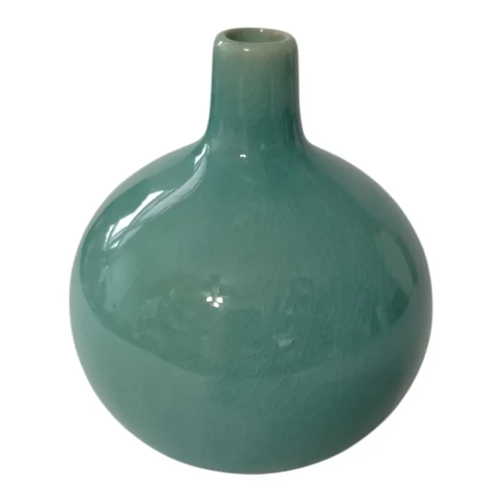 Crate & Barrel Bud Vase Perry Aqua Round Ball Ikebana Coastal‎ Beach House Farm.